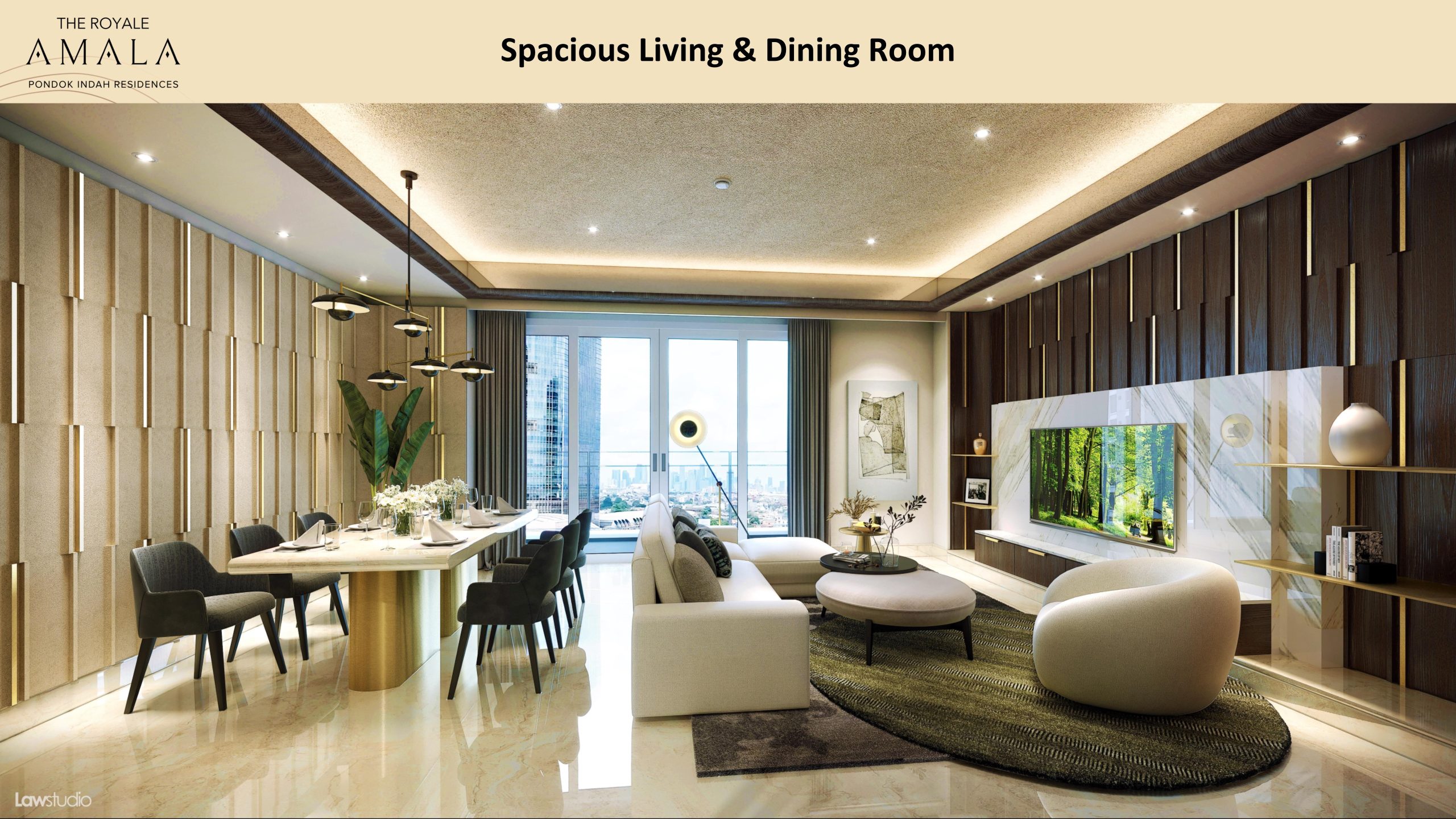 Ruang makan luas di unit Pondok Indah Residence dengan high ceiling design